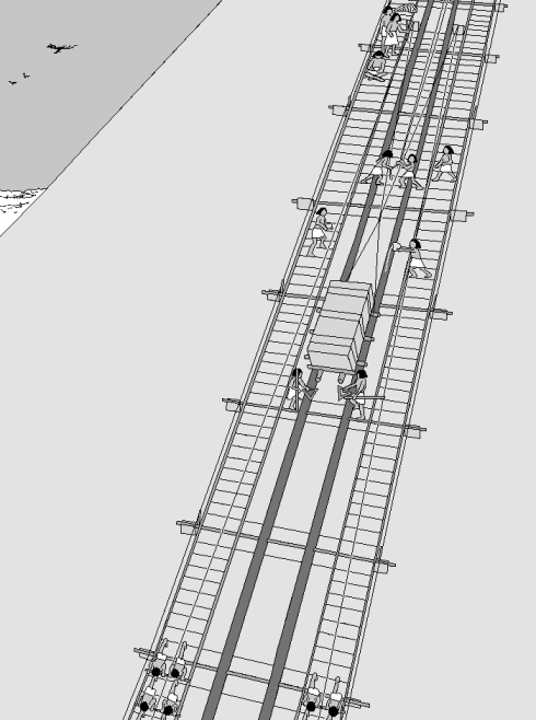 Rope roll station, tracks and haulers on pyramid flank